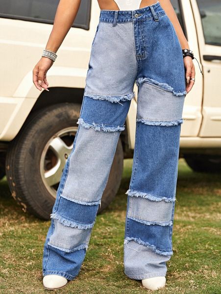 high waist patched fringe detail jeans n2te#, Blue
high waist patched fringe detail jeans n2te#, Blue