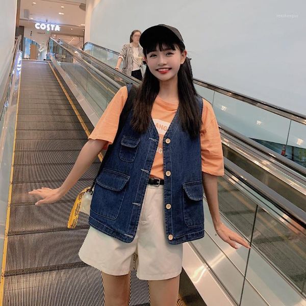 women's vests summer women loose denim jacket plus size single-breasted v-neck female students casual cotton vest coats with pockets wh, Black;white
women's vests summer women loose denim jacket plus size single-breasted v-neck female students casual cotton vest coats with pockets wh, Black;white