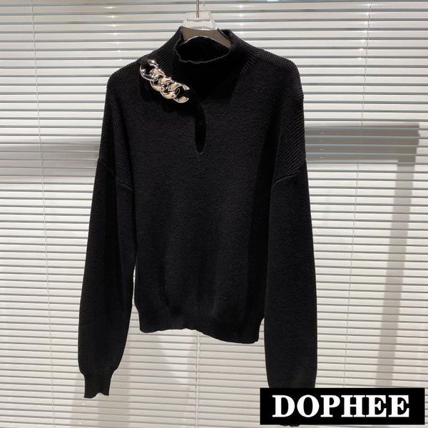 women's sweaters 2021 autumn and winter metal chain decoration half high collar hollow long sleeve knitted sweater female knit pullover, White;black
women's sweaters 2021 autumn and winter metal chain decoration half high collar hollow long sleeve knitted sweater female knit pullover, White;black