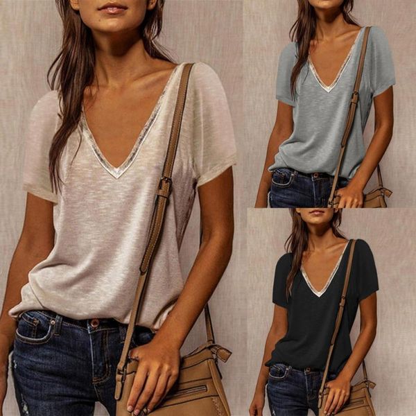 women's t-shirt 2021 summer casual v-neck loose short-sleeved solid color women splicing for ladies, White
women's t-shirt 2021 summer casual v-neck loose short-sleeved solid color women splicing for ladies, White