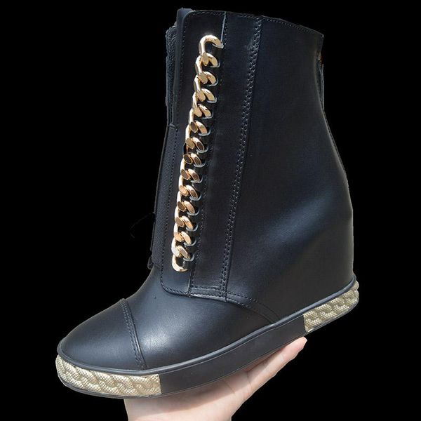 boots fashion woman metal chains plated silver gold rubber sole ankle 8 cm height increased inner wedge heels high sneaker, Black
boots fashion woman metal chains plated silver gold rubber sole ankle 8 cm height increased inner wedge heels high sneaker, Black