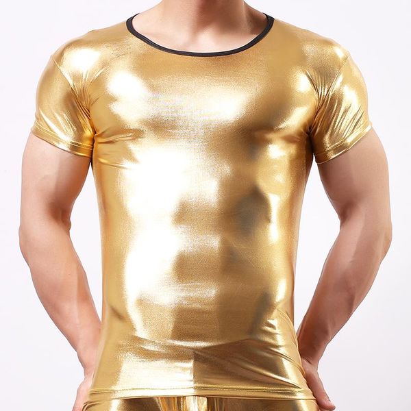 men faux leather solid color elastic bar stage performance slim t-shirt fitness men's t-shirts, White;black
men faux leather solid color elastic bar stage performance slim t-shirt fitness men's t-shirts, White;black