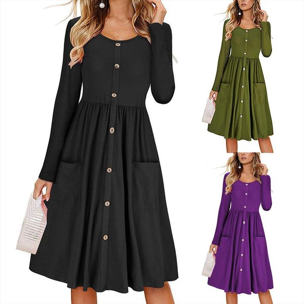 summer casual long sleeve pocket women dress button solid design knee length vestidos mujer verano, Black;gray
summer casual long sleeve pocket women dress button solid design knee length vestidos mujer verano, Black;gray