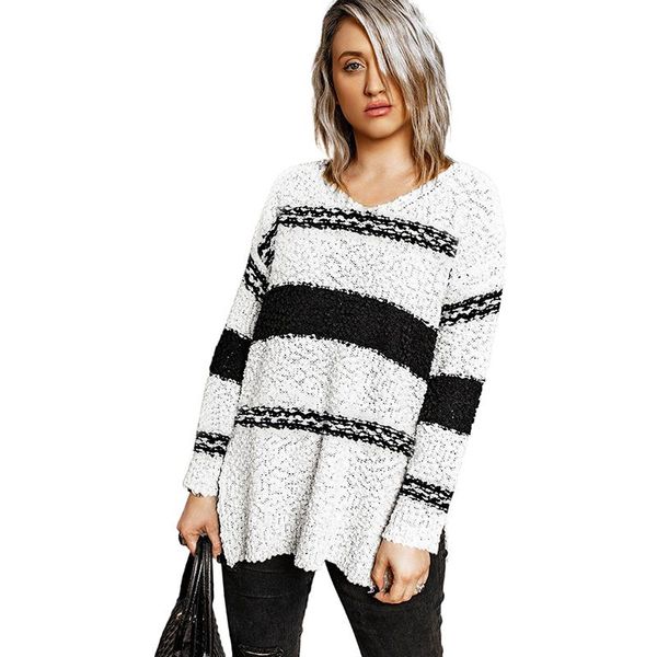 women's sweaters fashion striped cropped knit sweater for women, White;black 
women's sweaters fashion striped cropped knit sweater for women, White;black