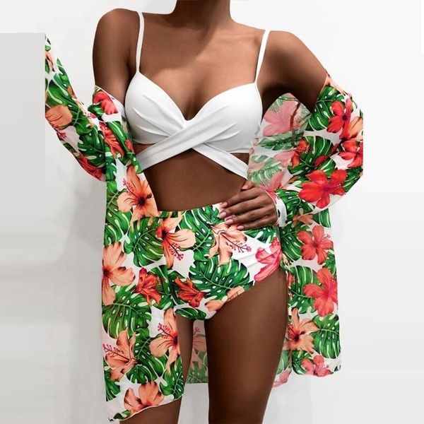 women's swimwear fashion three piece floral print bikini swimsuit summer high-waist set women brazilian push-up bathing suit, White;black
women's swimwear fashion three piece floral print bikini swimsuit summer high-waist set women brazilian push-up bathing suit, White;black
