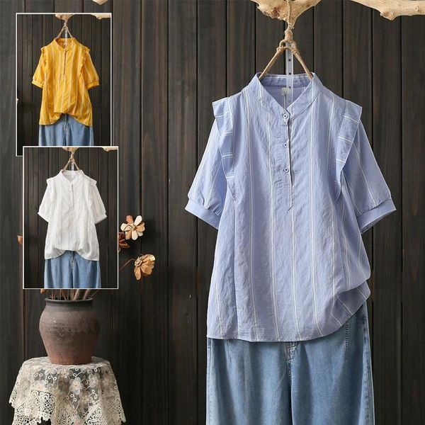 women's blouses & shirts cotton 100% striped women summer vintage straight oversized loose ruffles sleeved female outwear, White
women's blouses & shirts cotton 100% striped women summer vintage straight oversized loose ruffles sleeved female outwear, White