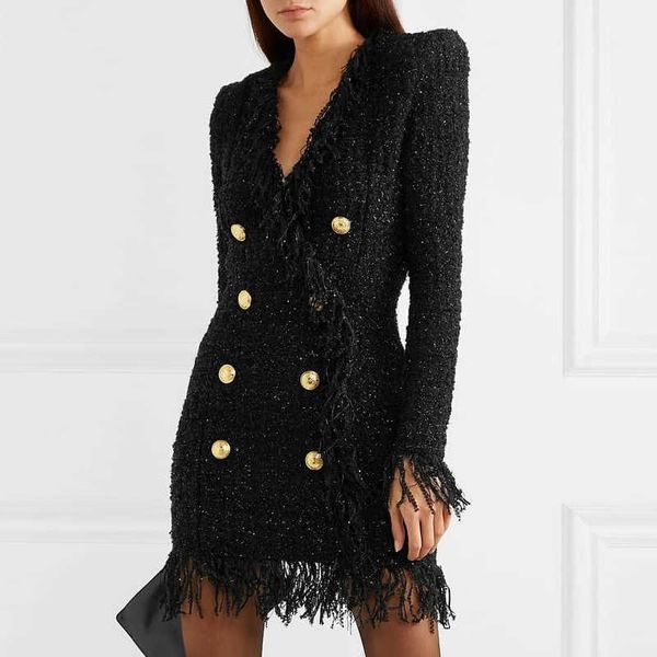 est designer runway women's long sleeve metal lion buttons fringed tweed tassel dress 210526, Black;gray
est designer runway women's long sleeve metal lion buttons fringed tweed tassel dress 210526, Black;gray
