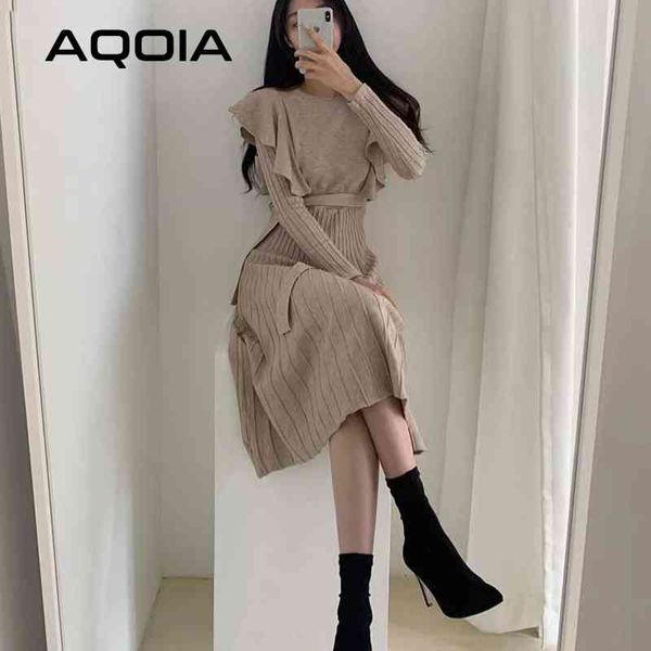 

winter korean sashes knitted sweater dress women ruffled solid color office es empire midi women's robe 210521, Black;gray