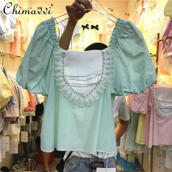 women's blouses & shirts women sweet fashion contrast color heart beaded short puff sleeve shirt square collar high waist blouse top, White
women's blouses & shirts women sweet fashion contrast color heart beaded short puff sleeve shirt square collar high waist blouse top, White