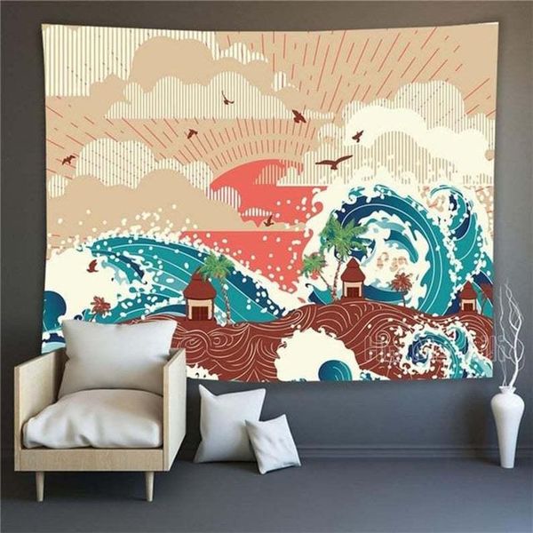 tapestries blue ocean wave tapestry japanese landscape sun birds temple wall hanging art home decor