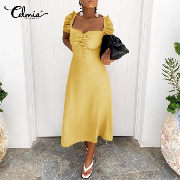 casual dresses summer midi dress celmia 5xl plus size women puff sleeve elegant sundress solid square collar party feminina, Black;gray 
casual dresses summer midi dress celmia 5xl plus size women puff sleeve elegant sundress solid square collar party feminina, Black;gray