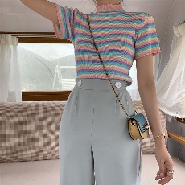women's t-shirt woman tshirts rainbow slim stripe knitted short-sleeved summer high waist crop mujer camisetas, White
women's t-shirt woman tshirts rainbow slim stripe knitted short-sleeved summer high waist crop mujer camisetas, White