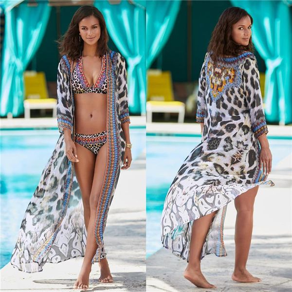 women's swimwear 2021 long cover up dress bohemian leopard print open front flowy chiffon kimono cardigan swimsuit ladies dresses, White;black
women's swimwear 2021 long cover up dress bohemian leopard print open front flowy chiffon kimono cardigan swimsuit ladies dresses, White;black