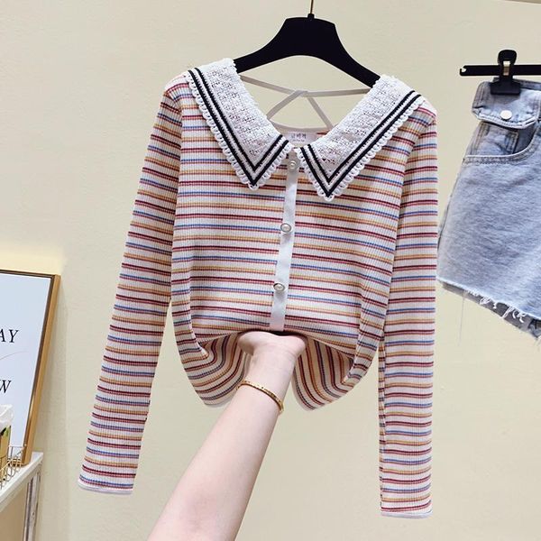 women's t-shirt 2021 spring and autumn lace doll collar female 2 wear loose striped long sleeve, White
women's t-shirt 2021 spring and autumn lace doll collar female 2 wear loose striped long sleeve, White
