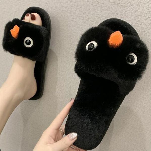 ladies home shoes cute cartoon eyes furry slippers women indoor flat non-slip soft-soled plush soft xx579, Black