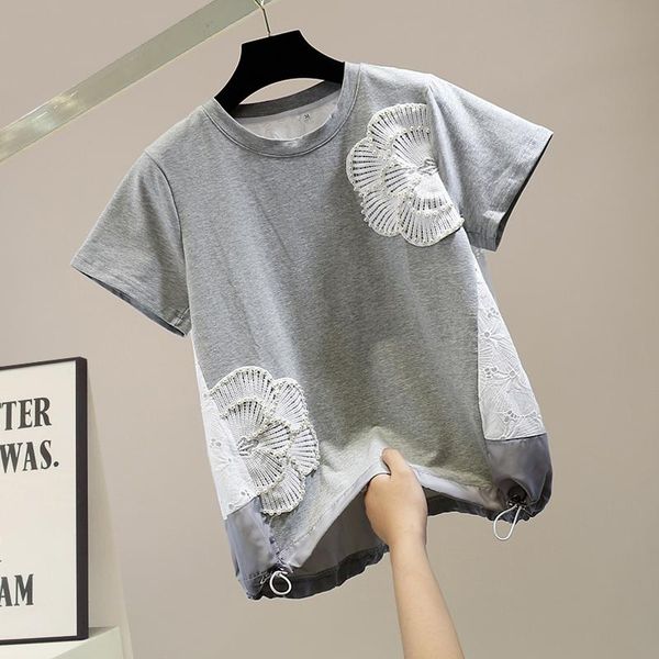 women's t-shirt beaded embroidered flower hem drawstring short-sleeved korean style shirt luxury clothing, White
women's t-shirt beaded embroidered flower hem drawstring short-sleeved korean style shirt luxury clothing, White