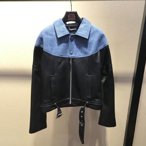 women's leather & faux style european real jackets fashion 2021 spring denim patchwork sheepskin moto biker coat g119, Black
women's leather & faux style european real jackets fashion 2021 spring denim patchwork sheepskin moto biker coat g119, Black
