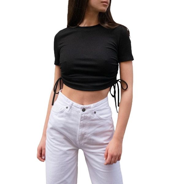 women's t-shirt women fashion short sleeve drawstring stylish round neck solid color crop top, White
women's t-shirt women fashion short sleeve drawstring stylish round neck solid color crop top, White