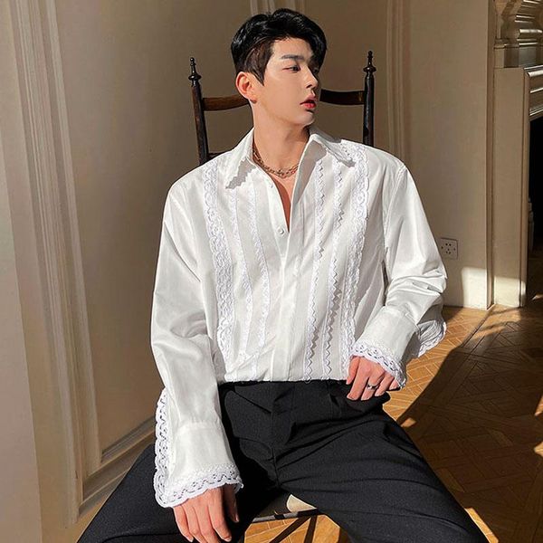 men's casual shirts 2021 lace splice vintage fashion loose long sleeve white dress korean show shirt for man, White;black
men's casual shirts 2021 lace splice vintage fashion loose long sleeve white dress korean show shirt for man, White;black