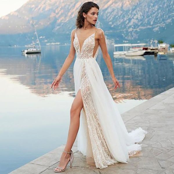 other wedding dresses on zhu beach boho spaghetti straps lace gowns side split v neck bride dress vestido de novia, White
other wedding dresses on zhu beach boho spaghetti straps lace gowns side split v neck bride dress vestido de novia, White