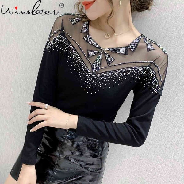 women's t-shirt spring fall european clothes fashion mesh patchwork shiny diamonds ropa mujer cotton all match tees t009, White
women's t-shirt spring fall european clothes fashion mesh patchwork shiny diamonds ropa mujer cotton all match tees t009, White