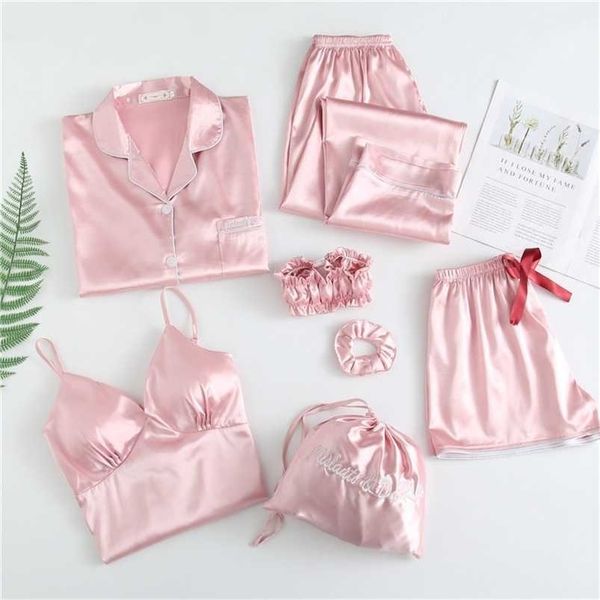 july's song 7 pieces faux silk stain pajamas sets with chest pad pyjama sling shorts long sleeve long pants sleepwear 211103, Black;red
july's song 7 pieces faux silk stain pajamas sets with chest pad pyjama sling shorts long sleeve long pants sleepwear 211103, Black;red