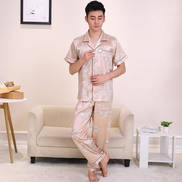 men's sleepwear men summer luxury silk like pajamas sets male two pieces short sleeve shirts long pants prints spring home clothing, Black;brown
men's sleepwear men summer luxury silk like pajamas sets male two pieces short sleeve shirts long pants prints spring home clothing, Black;brown