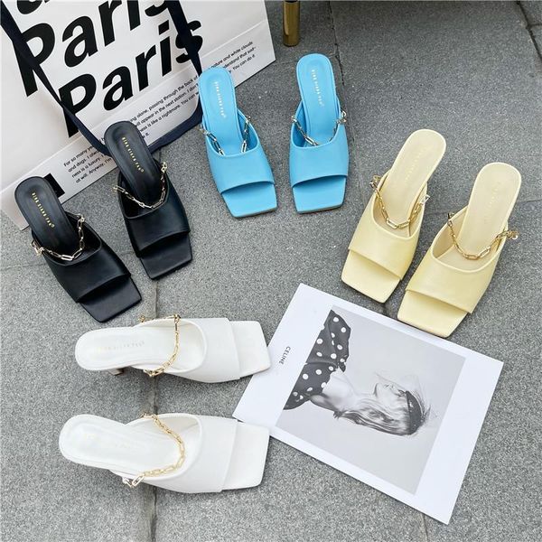 style summer metal chain slides women 9cm high heels mules casual yellow square toe slippers blue designer shoes, Black
style summer metal chain slides women 9cm high heels mules casual yellow square toe slippers blue designer shoes, Black