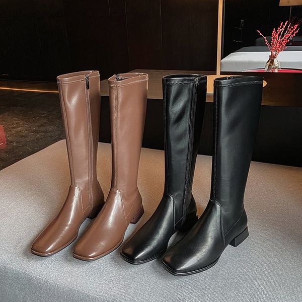 women's square head 2021 thick low heel cow leather side zipper net red ins knee high boots, Black
women's square head 2021 thick low heel cow leather side zipper net red ins knee high boots, Black