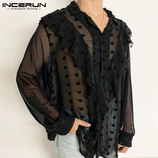 men's casual shirts incerun 2021 men shirt lapel long sleeve mesh patchwork jacquard see through clothing ruffle streetwear camisas s-5, White;black
men's casual shirts incerun 2021 men shirt lapel long sleeve mesh patchwork jacquard see through clothing ruffle streetwear camisas s-5, White;black