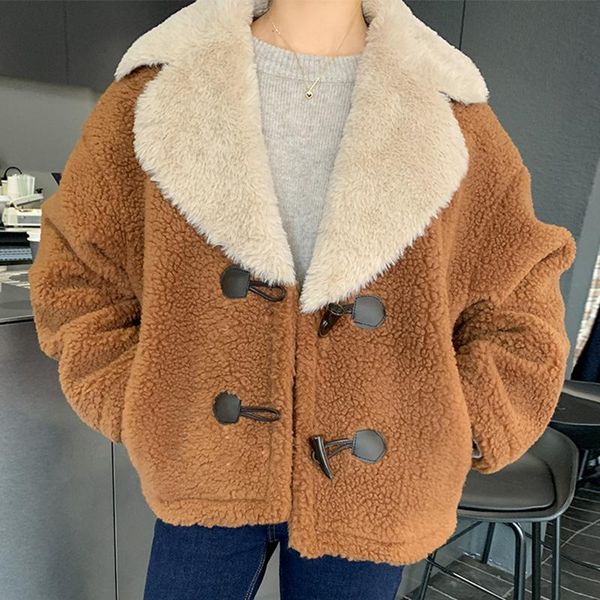 women's jackets korean chic winter retro ox horn buckle coat women color contrast loose thickened warm imitation lamb wool jacket, Black;brown
women's jackets korean chic winter retro ox horn buckle coat women color contrast loose thickened warm imitation lamb wool jacket, Black;brown