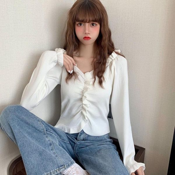 women's t-shirt knit t-shirts for women korean style solid color ruffles trim fashion slim pullover long sleeve, White
women's t-shirt knit t-shirts for women korean style solid color ruffles trim fashion slim pullover long sleeve, White
