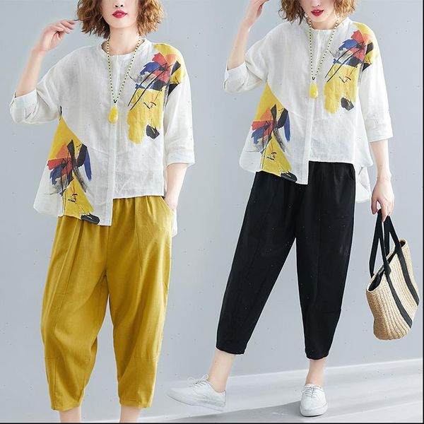 fashion large size 2 piece women tracksuits set summer irregular print cotton and linen casual shirt loose wide leg pants, Gray
fashion large size 2 piece women tracksuits set summer irregular print cotton and linen casual shirt loose wide leg pants, Gray