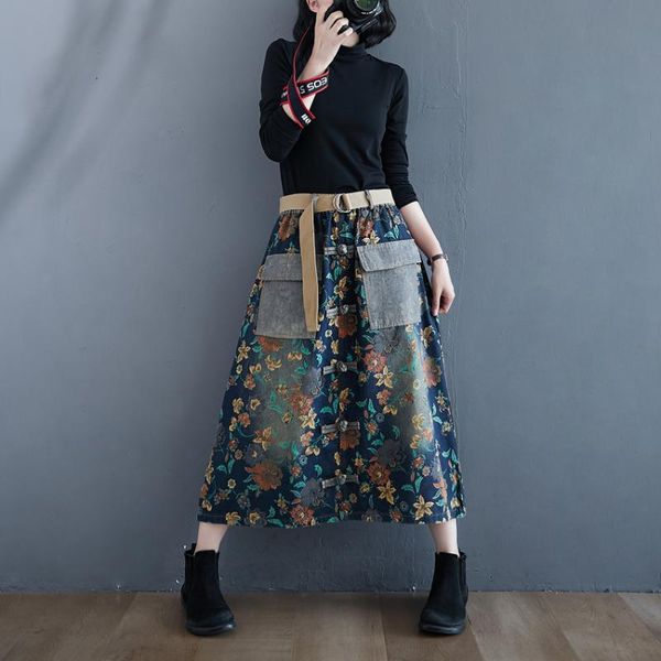 patchwork vintage print women skirts denim long elastic waist streetweer loose jeans skirt dm001, Black 
patchwork vintage print women skirts denim long elastic waist streetweer loose jeans skirt dm001, Black