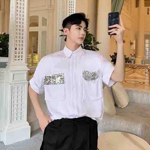 half sleeve mesh red handsome clothes men's korean stitching shirt summer slim sequins short sleeves casual shirts, White;black
half sleeve mesh red handsome clothes men's korean stitching shirt summer slim sequins short sleeves casual shirts, White;black