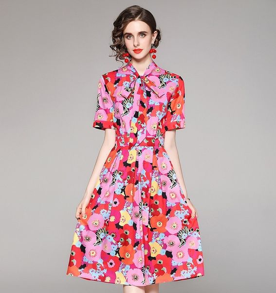 women summer elegant runway designers bow collar short sleeve floral print midi vintage draped dress holiday robe femme 210514, Black;gray
women summer elegant runway designers bow collar short sleeve floral print midi vintage draped dress holiday robe femme 210514, Black;gray