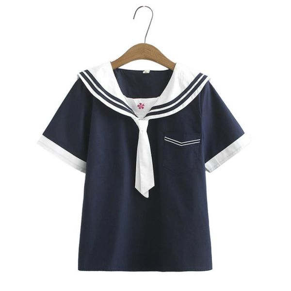 sailor collar short sleeve women shirt tie and summer floral embroidery cotton shirts with pocket sweet style blusa, White
sailor collar short sleeve women shirt tie and summer floral embroidery cotton shirts with pocket sweet style blusa, White