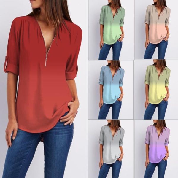 women's blouses & shirts v-neck zipper sleeves gradient printed chiffon shirt women, White
women's blouses & shirts v-neck zipper sleeves gradient printed chiffon shirt women, White