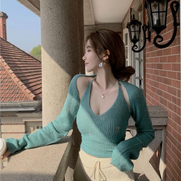 women's knits & tees hollow knitted sweater women halter sling v-neck backless strapless shoulder knitwear autumn spring two piece set, White
women's knits & tees hollow knitted sweater women halter sling v-neck backless strapless shoulder knitwear autumn spring two piece set, White