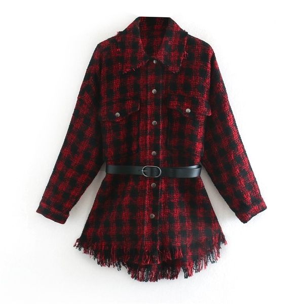 women's assembling belt waist red plaid hem fringed fashion girl shirt jacket 210521, White
women's assembling belt waist red plaid hem fringed fashion girl shirt jacket 210521, White