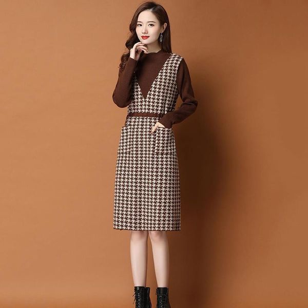casual dresses winter plaid knited women vintage korea thick sweater straight large size slim warm printed mid dress, Black;gray 
casual dresses winter plaid knited women vintage korea thick sweater straight large size slim warm printed mid dress, Black;gray