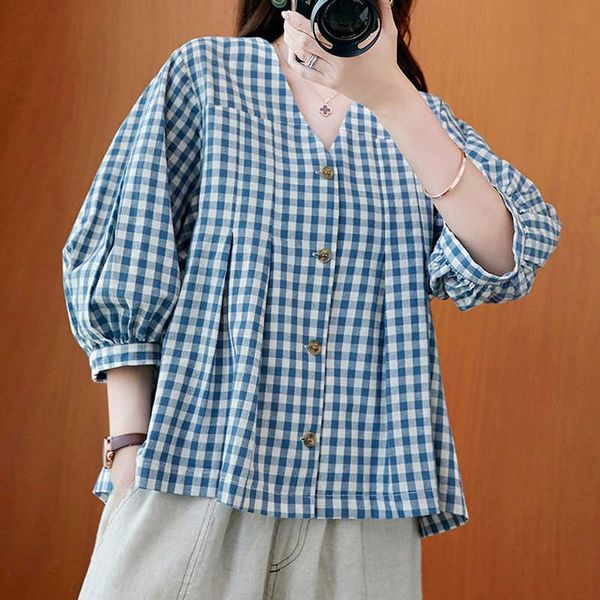 women's blouses & shirts literature and art cotton linen plaid shirt summer loose versatile medium sleeve v-neck bubble baby, White
women's blouses & shirts literature and art cotton linen plaid shirt summer loose versatile medium sleeve v-neck bubble baby, White
