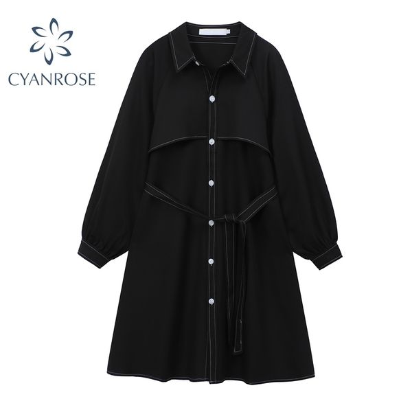 women loose solid dress lapel neck casual autumn korean fashion vintage female long sleeve elegant ladies office shirt dresses 210417, Black;gray
women loose solid dress lapel neck casual autumn korean fashion vintage female long sleeve elegant ladies office shirt dresses 210417, Black;gray