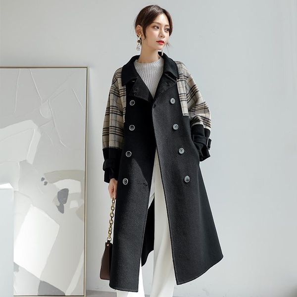 women's wool & blends cashmere 100% autumn winter 2021 woolen coat women plaid color matching double-sided double breasted elegant long, Black
women's wool & blends cashmere 100% autumn winter 2021 woolen coat women plaid color matching double-sided double breasted elegant long, Black