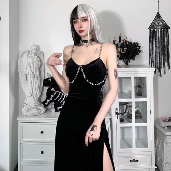 casual dresses helisopus punk metal spaghetti strap black dress velvet high split gothic party mid-length backless club wear, Black;gray
casual dresses helisopus punk metal spaghetti strap black dress velvet high split gothic party mid-length backless club wear, Black;gray