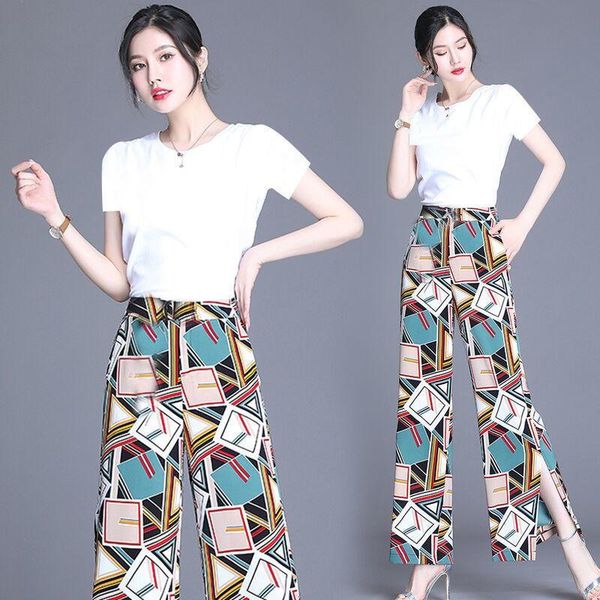 fashion suit cotton t-shirt + chiffon pants printed wide leg loose women summer straight drape women's two piece, White
fashion suit cotton t-shirt + chiffon pants printed wide leg loose women summer straight drape women's two piece, White