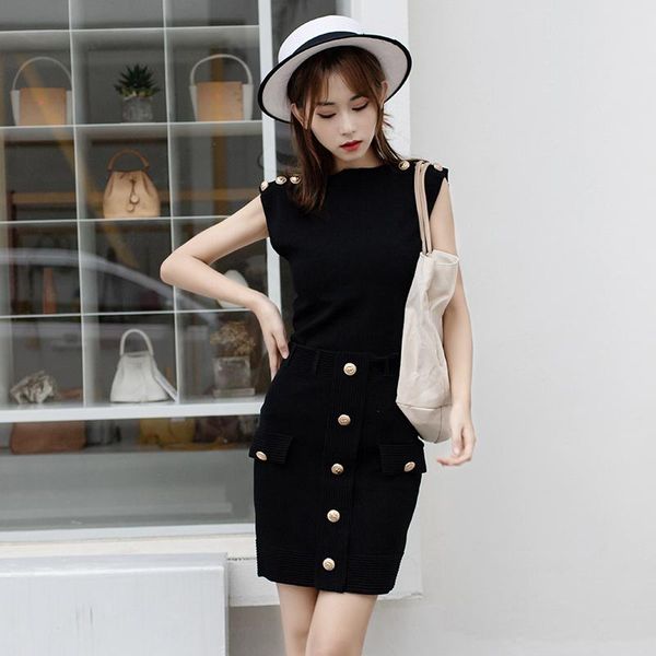two piece dress 2021 summer women's sleeveless sweater suit set gold button knitted black pullover and bodycon mini skirt, White
two piece dress 2021 summer women's sleeveless sweater suit set gold button knitted black pullover and bodycon mini skirt, White