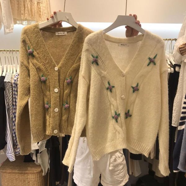 women's knits & tees south korea's dongdaemun autumn v-neck single-breasted handmade crochet flower mohair cardigan sweater coat, White