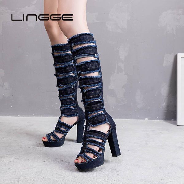 women boots denim streth cloth super high heel hollow open toe platform over the knee wild causal sandals, Black
women boots denim streth cloth super high heel hollow open toe platform over the knee wild causal sandals, Black