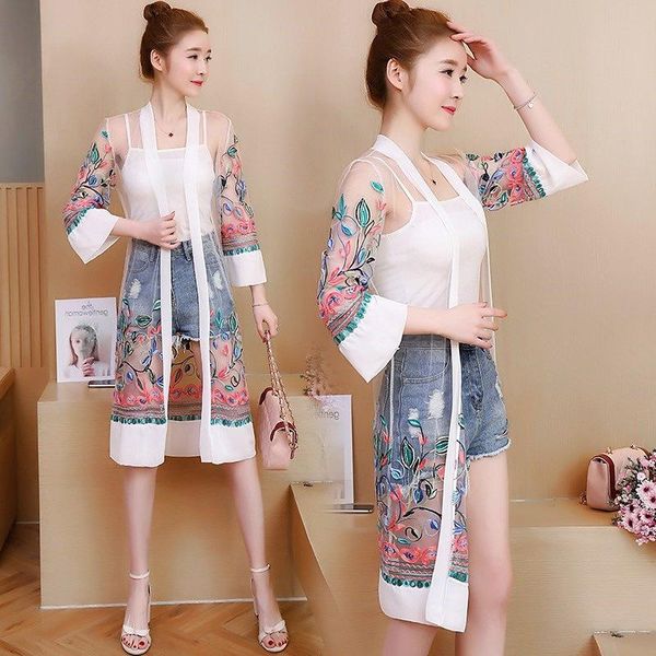 women's swimwear 2021 summer embroidered beach sunscreen clothing mid-length korean shawl jacket thin cardigan cover up, White;black
women's swimwear 2021 summer embroidered beach sunscreen clothing mid-length korean shawl jacket thin cardigan cover up, White;black
